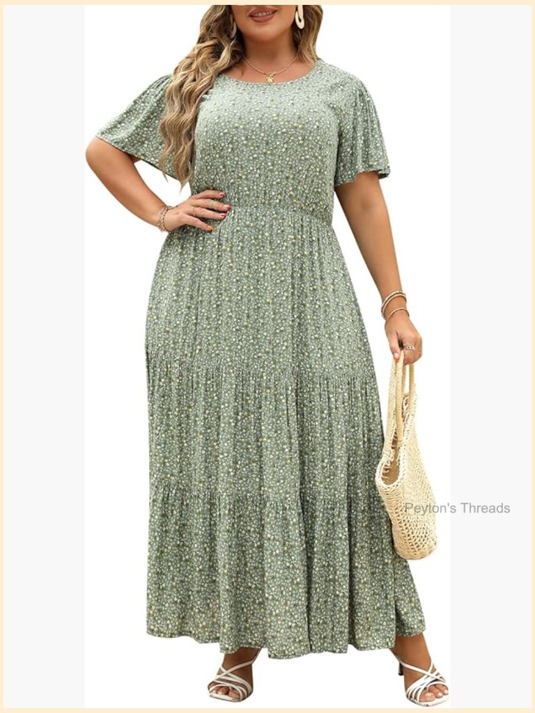 Plus Size Ditsy Floral Maxi Dress With Pockets Curvy Boho Layered Flared Long